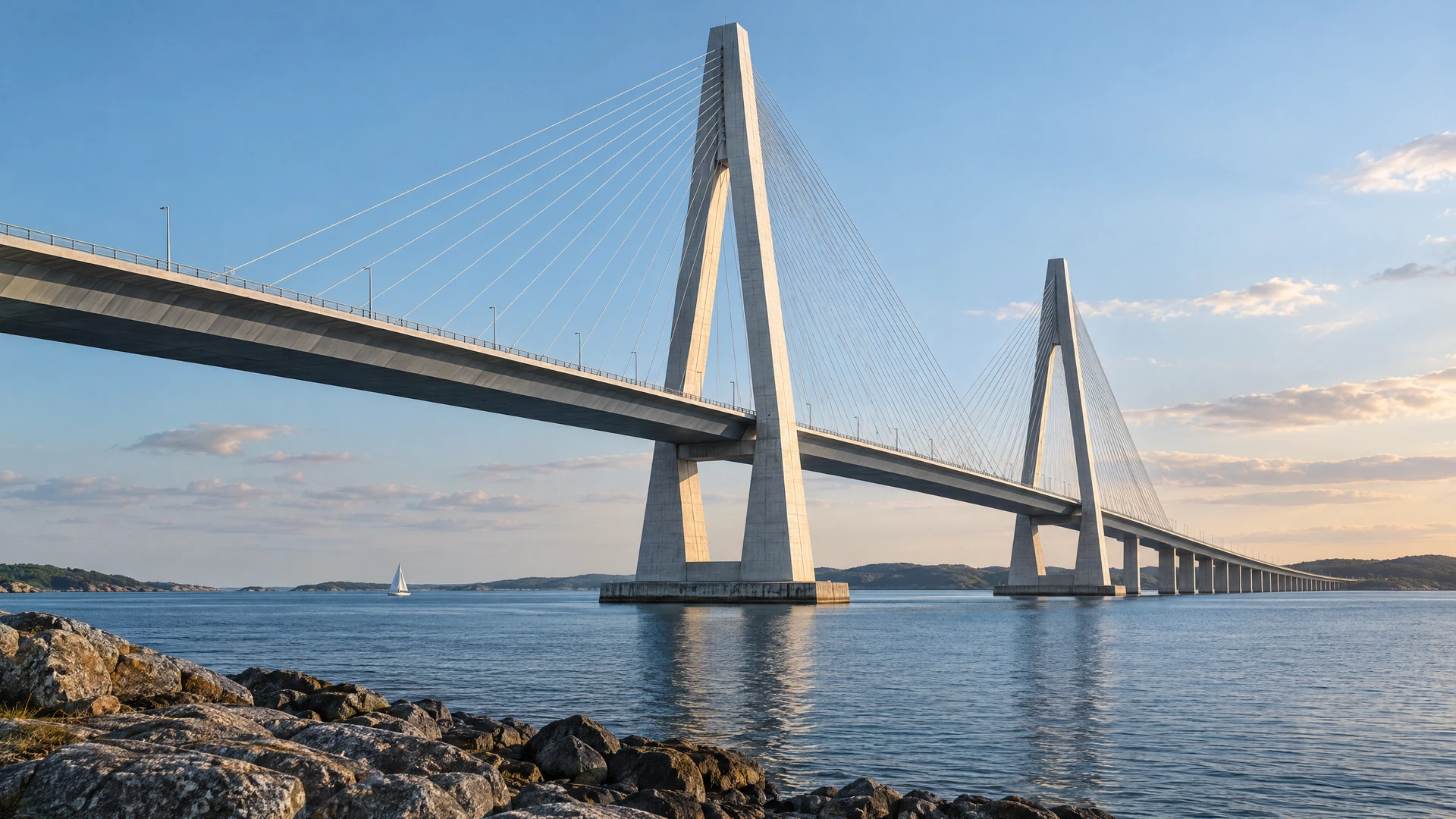 Illustrative cable-stayed bridge with slender concrete pylons above Danish-inspired coastal water